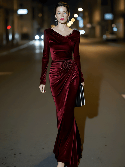Burgundy Velvet Draped Evening Gown
