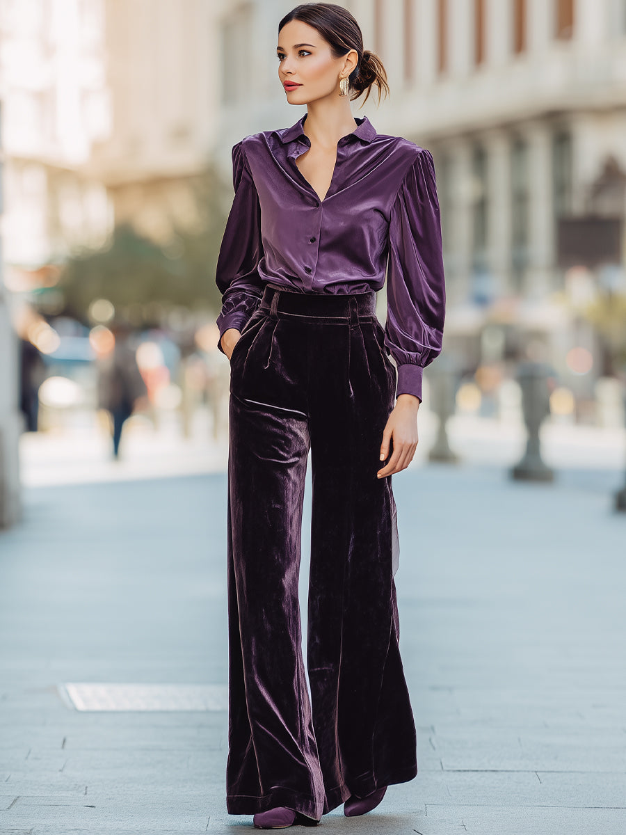 Plum Velvet Shirt And Wide-Leg Trousers Set
