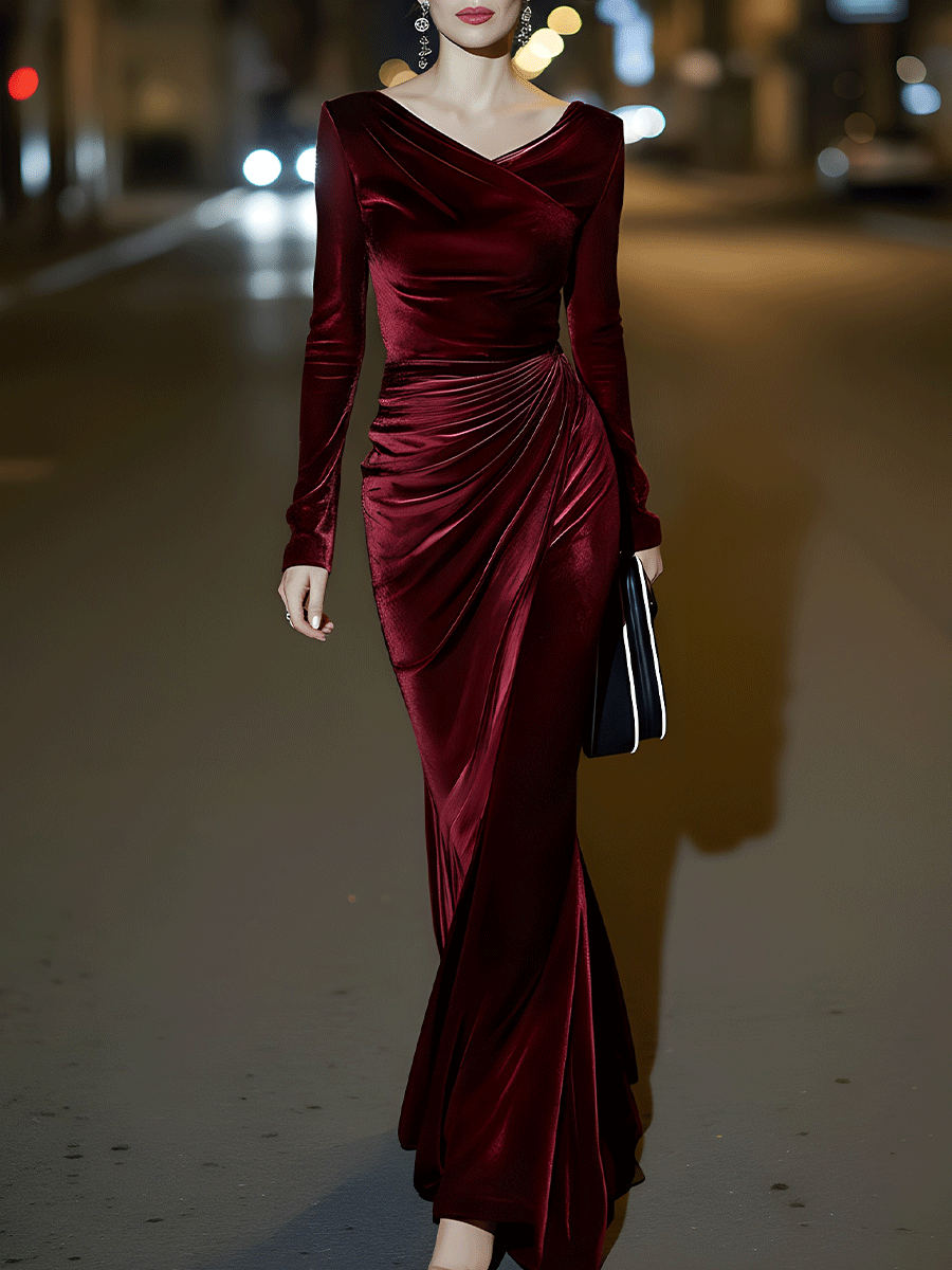 Burgundy Velvet Draped Evening Gown