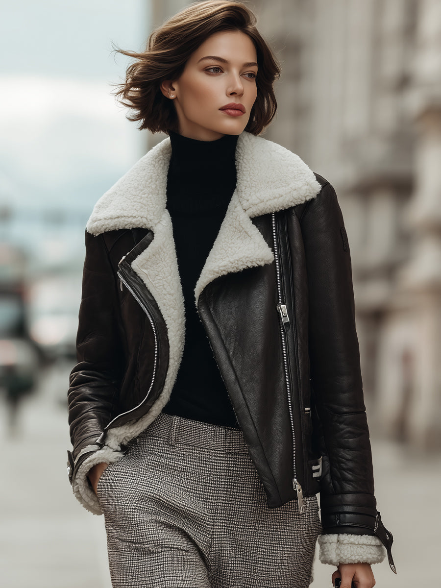 Black Shearling-Lined Moto Jacket