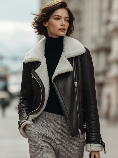 Black Shearling-Lined Moto Jacket