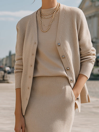 Beige Ribbed Knit Three-Piece Set With Cardigan, Top, And Skirt