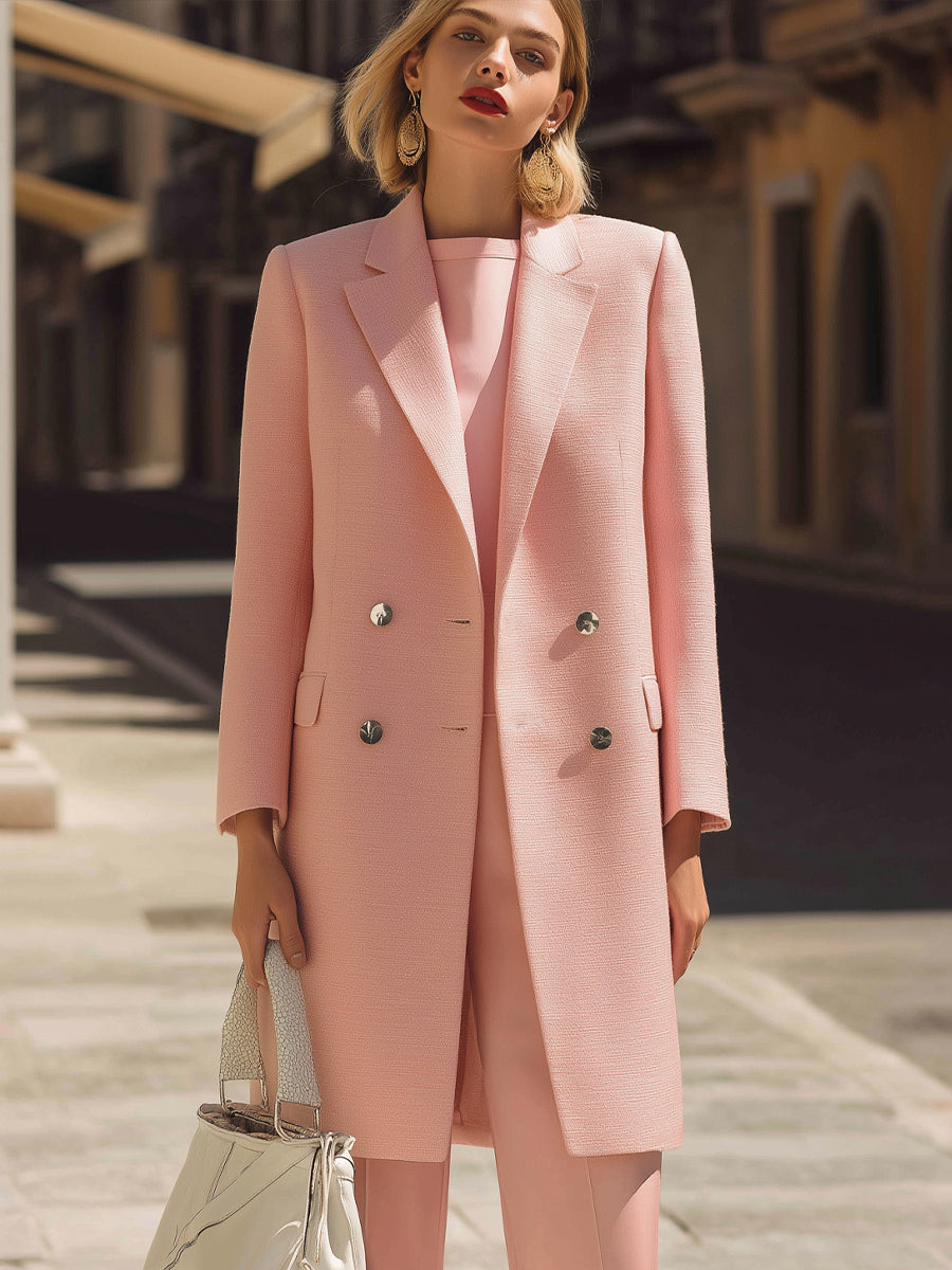 Blush Pink Double-Breasted Long Blazer