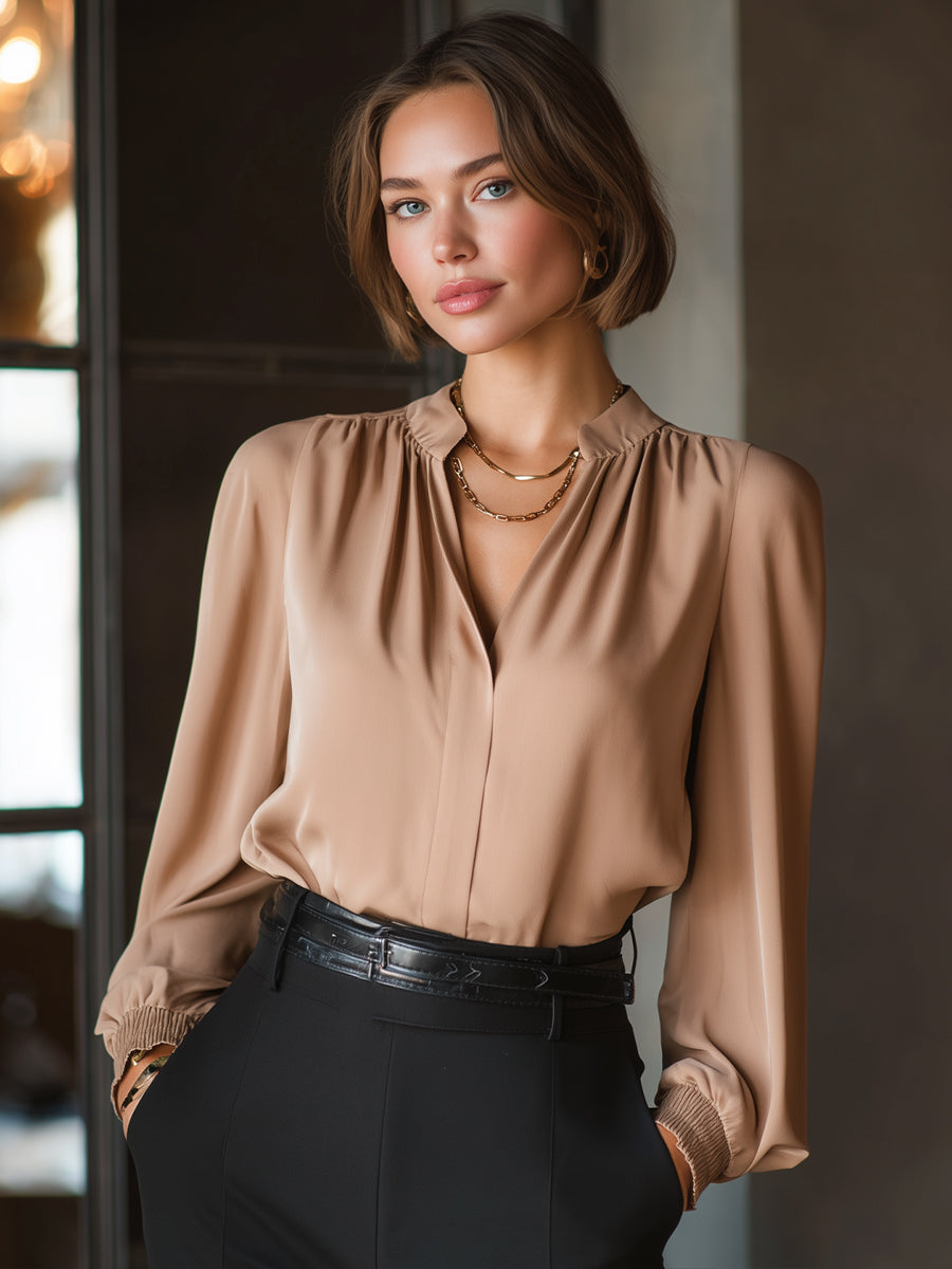Camel Long-Sleeve Pleated Blouse