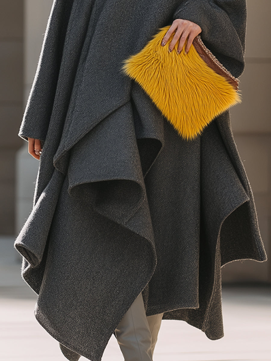 Charcoal Wool Drape Coat With Flowing Hemline