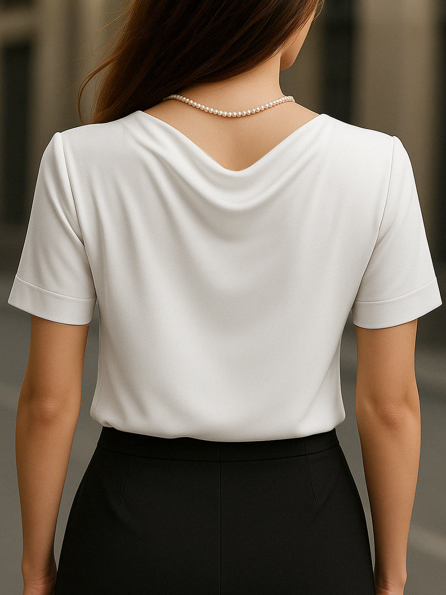Elegant Plain Short-Sleeve Blouse with Draped Neckline