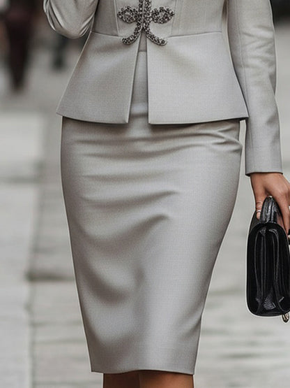 Vintage-Inspired Silver Embellished Skirt Suit