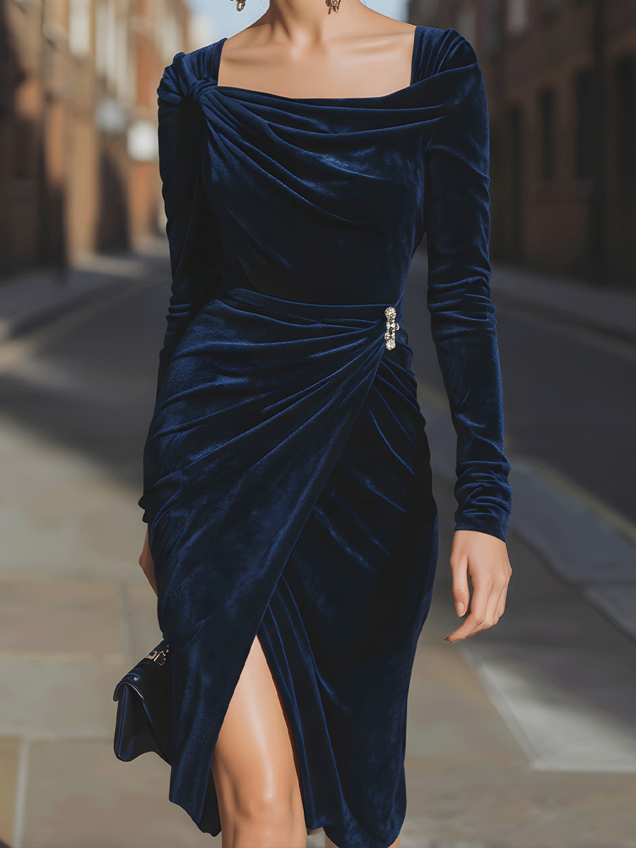 Navy Velvet Draped Midi Dress With Jewel Accent