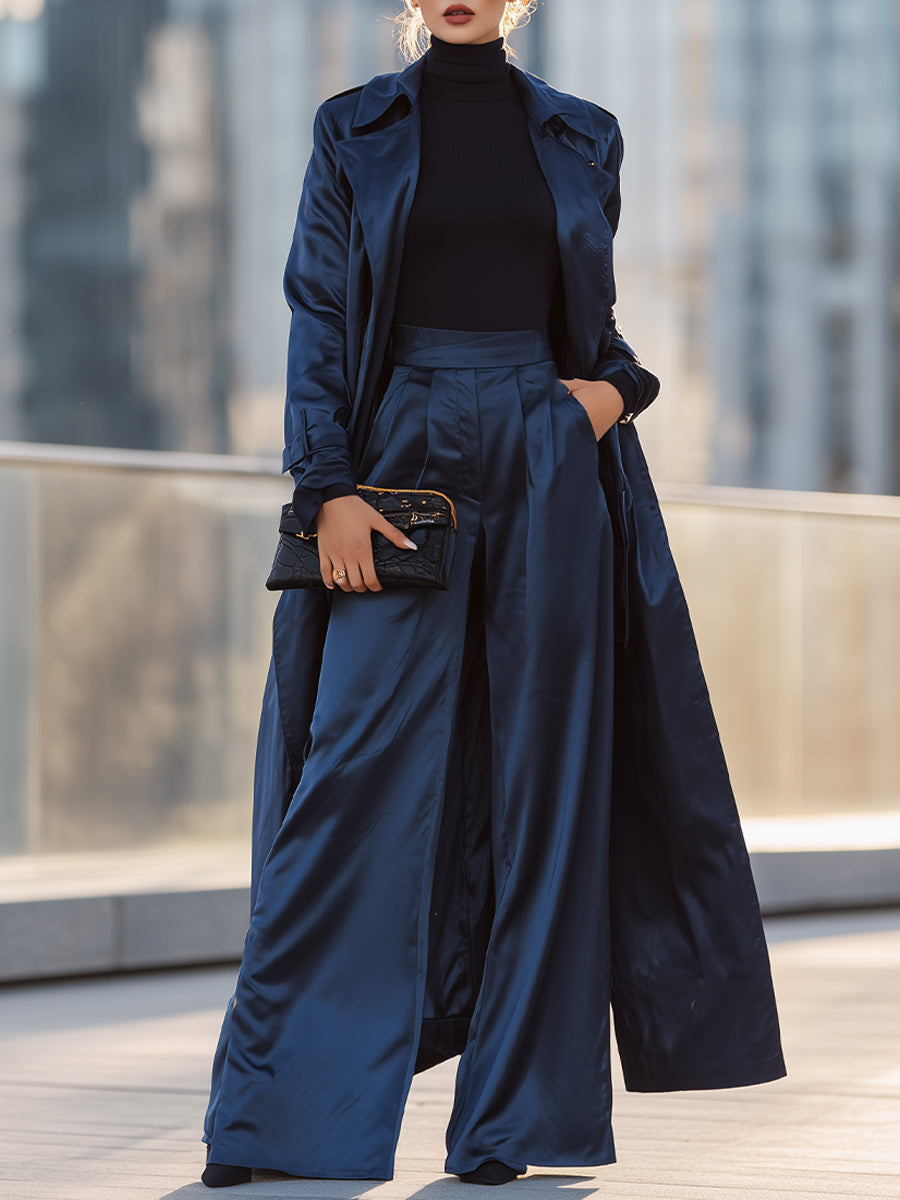 Navy Satin Trench Coat And Wide-Leg Trousers Set