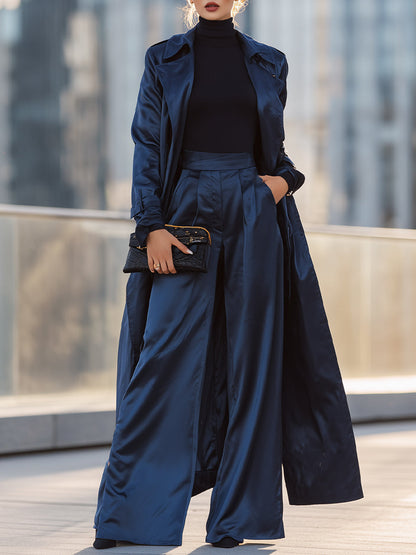 Navy Satin Trench Coat And Wide-Leg Trousers Set
