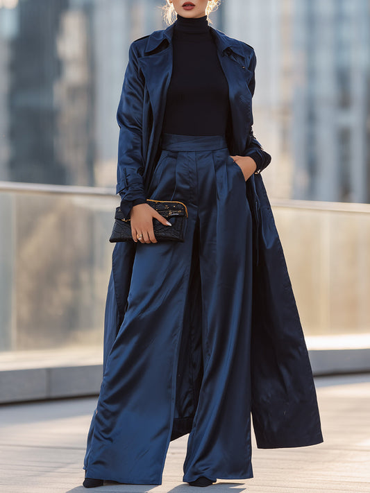 Navy Satin Trench Coat And Wide-Leg Trousers Set