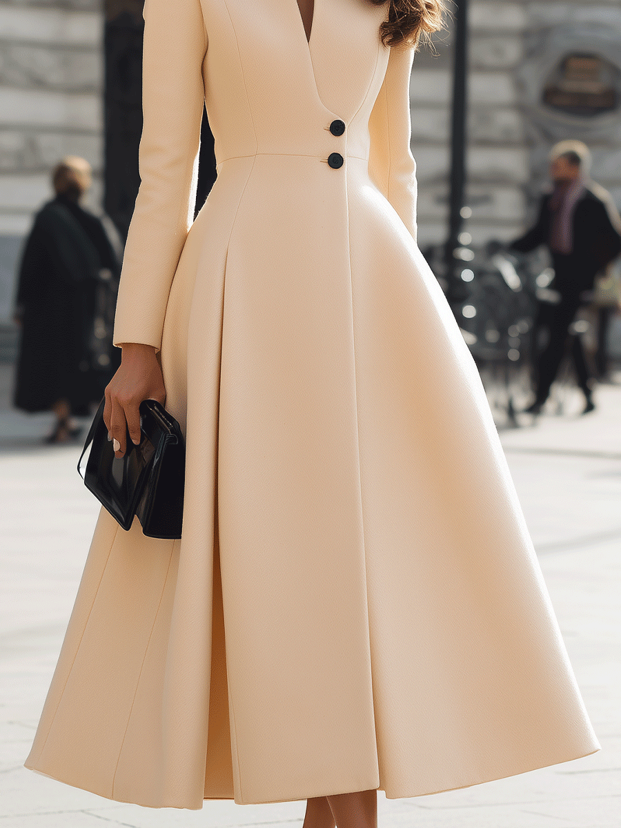 Cream Tailored Long Coat Dress With Flared Hem