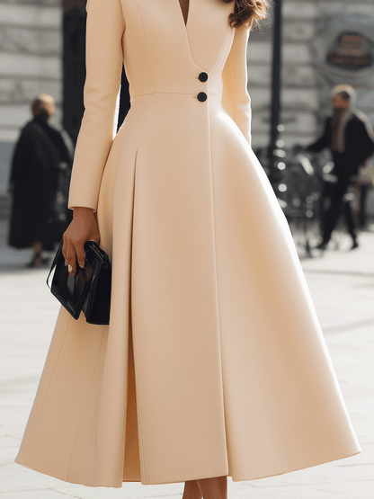 Cream Tailored Long Coat Dress With Flared Hem