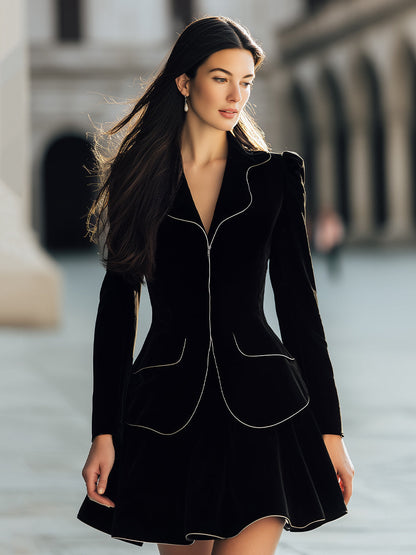 Elegant Velvet Blazer Mini Set With Contrast Piping