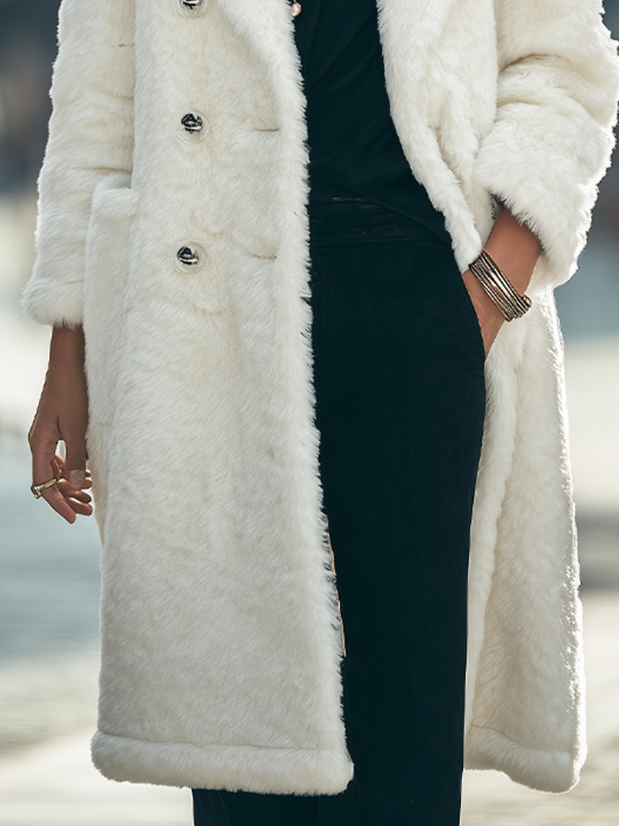 Stylish White Faux Fur Double-Breasted Coat