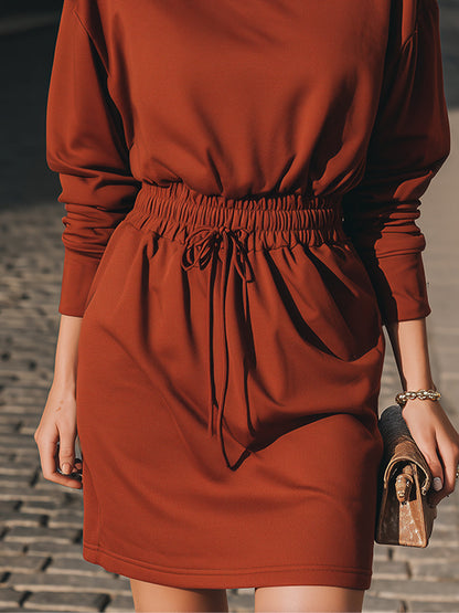 Chic Rust Turtleneck Smocked - Waist Dress
