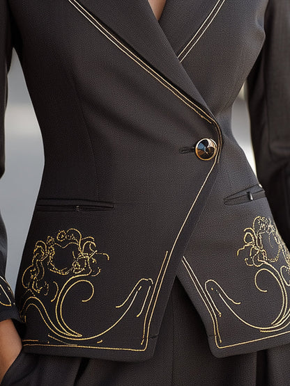 Charcoal Embroidered Blazer With Golden Accents