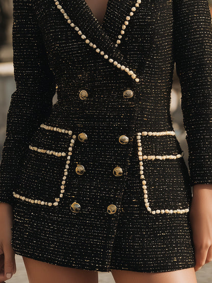 Black Pearl-Trim Tweed Blazer Dress