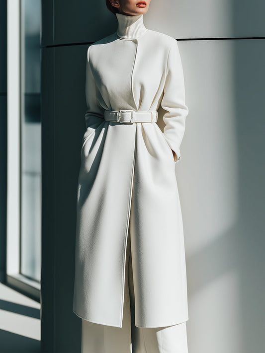 White Belted Minimalist Wool Coat