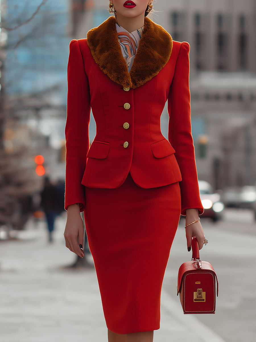 Vibrant Red Woolen Blazer Skirt Set
