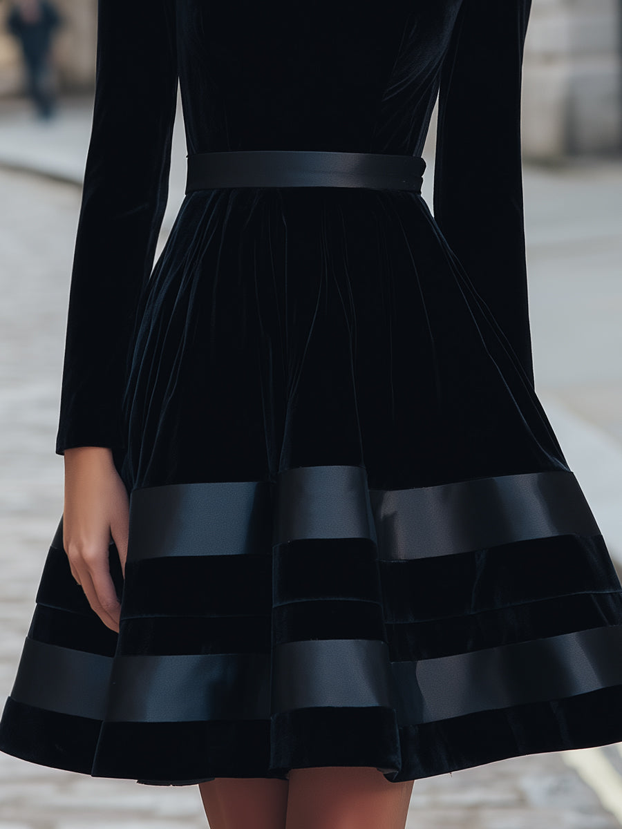 Black Velvet Fit-and-Flare Dress With Satin Stripes