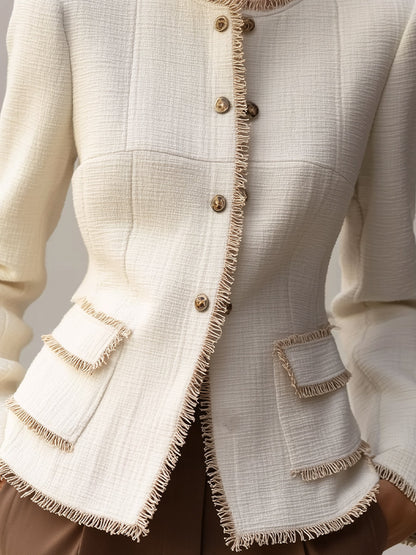 Elegant Cream Textured Blazer With Decorative Trim