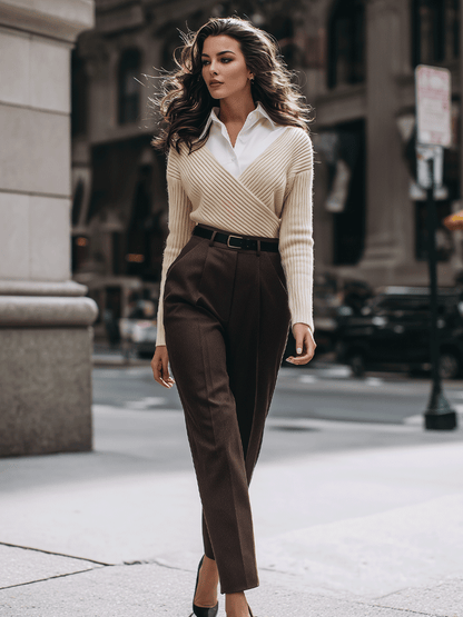 Cream Wrap Sweater With Tailored Brown Trousers