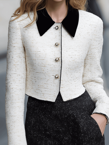 Ivory Tweed Cropped Jacket With Velvet Collar