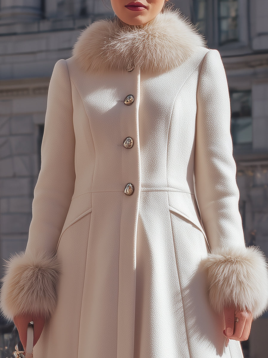 Mooyius Presents The Luxurious Cream Faux Fur - Trimmed Coat