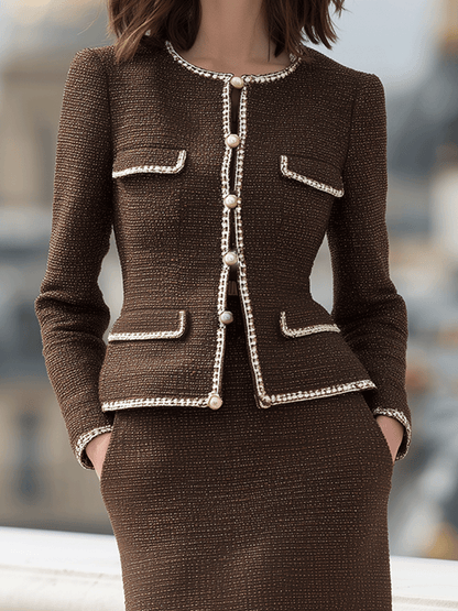 Chocolate Brown Tweed Skirt Suit With Pearl-Trim Detailing