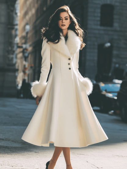 Ivory Flared Coat With Faux Fur Collar And Cuffs