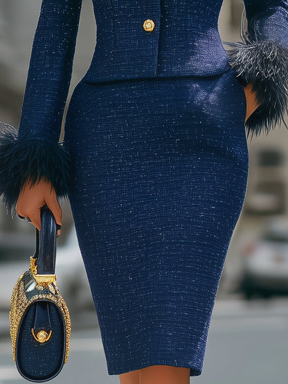 Glamorous Feather - Trimmed Tweed Skirt Suit