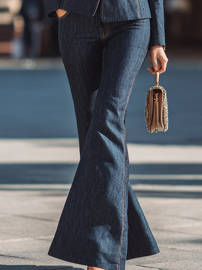 Stylish Denim Suit With Fur Collar