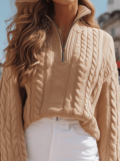 Camel Cable-Knit Half-Zip Sweater