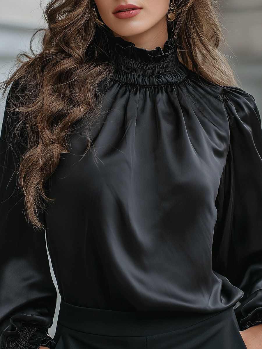 Noir Elegance High-Neck Satin Blouse