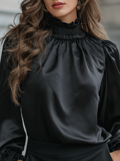 Noir Elegance High-Neck Satin Blouse
