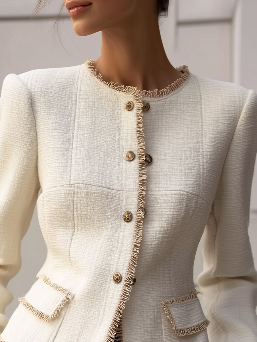 Elegant Cream Textured Blazer With Decorative Trim