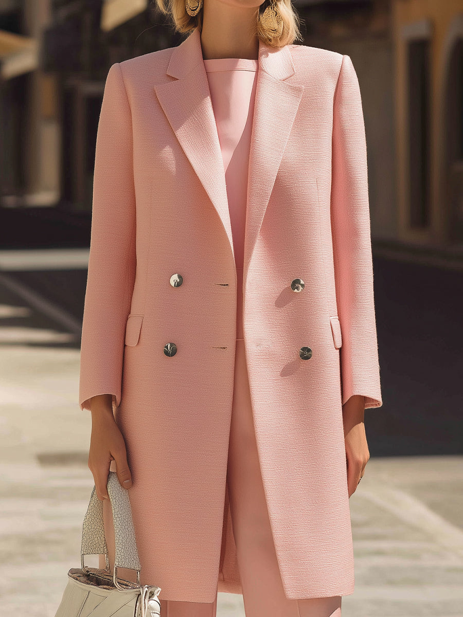 Blush Pink Double-Breasted Long Blazer