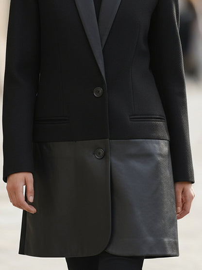 Chic Black And Leather - Paneled Longline Blazer Coat