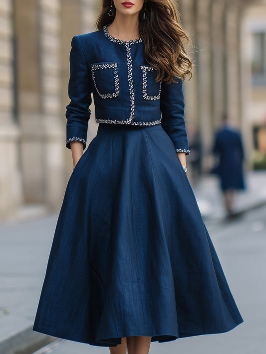 Elegant Silver Trim Cropped Jacket And Midi Skirt Set