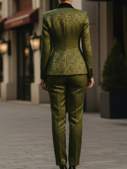 Olive Green Brocade Slim Pantsuit With Black Shawl Lapels