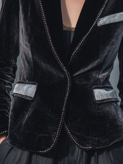 Black Velvet Blazer With Silver Trim Detailing