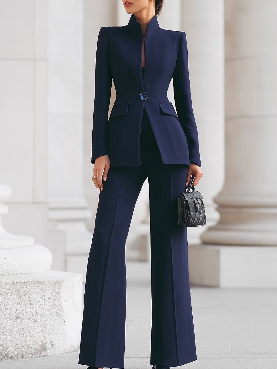 Natalie Sophisticated  High-Collar Blazer & Wide-Leg Trousers Set