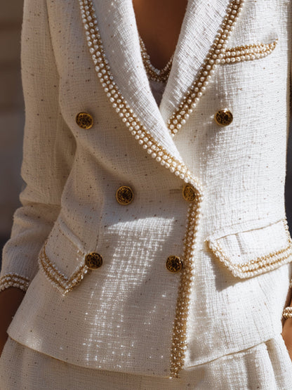 Ivory Pearl-Trim Tweed Blazer With Gold Buttons