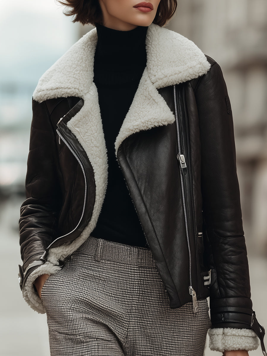 Black Shearling-Lined Moto Jacket