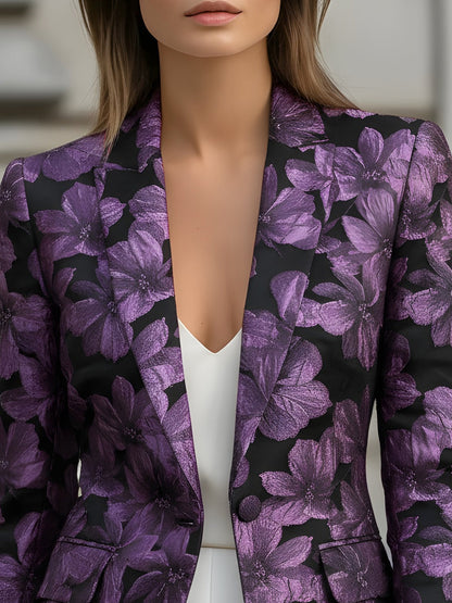 Purple Floral Jacquard Pattern Blazer