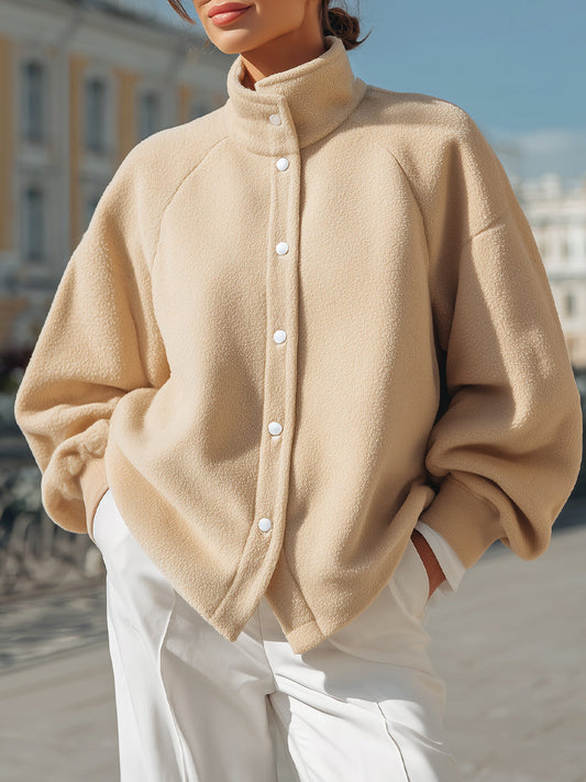 Cozy Beige Fleece Button - Front Jacket