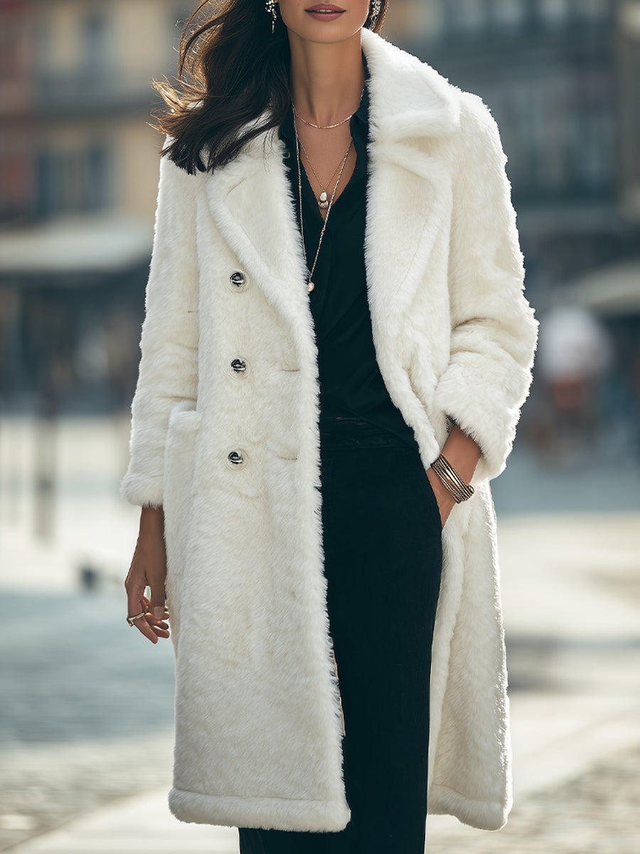 Stylish White Faux Fur Double-Breasted Coat