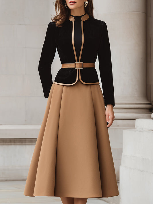 Two-Tone Trim Blazer And A-Line Midi Skirt Set