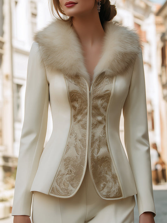 Jacquard Panel Blazer With Detachable Faux-Fur Collar
